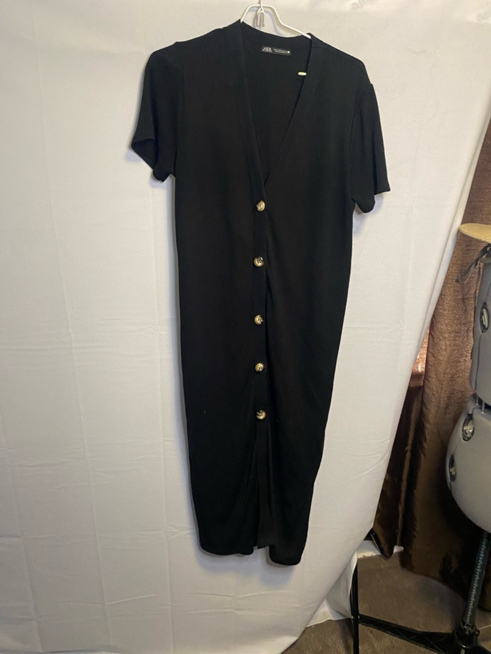 Zara Black Ribbed Midi Dress with Gold Buttons